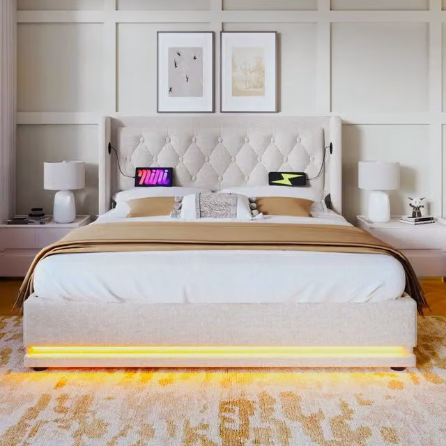 Letto matrimoniale imbottito 140x200 cm beige in cotone con contenitore idraulico; LED e USB-C