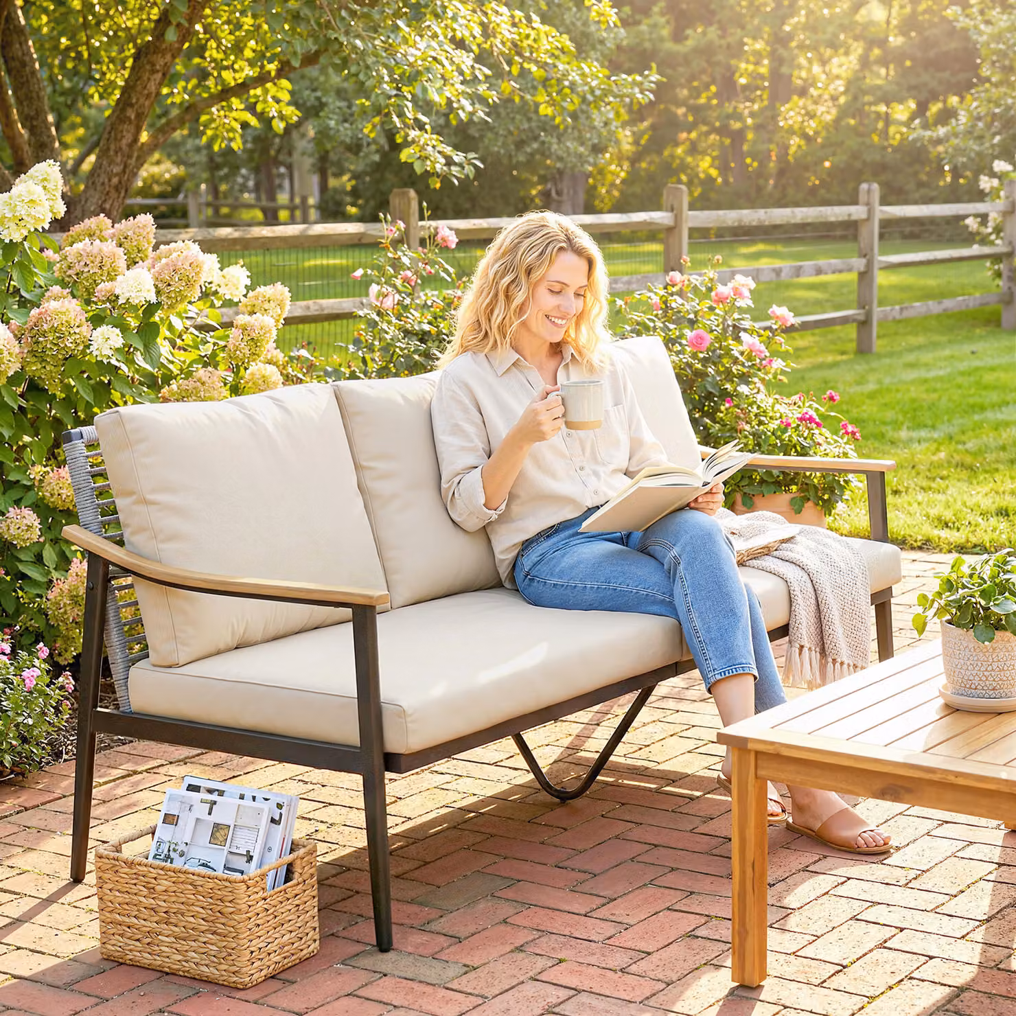 Divano da esterno Outsunny a 3 posti in rattan con cuscini beige e struttura in metallo per giardino e terrazza – 2
