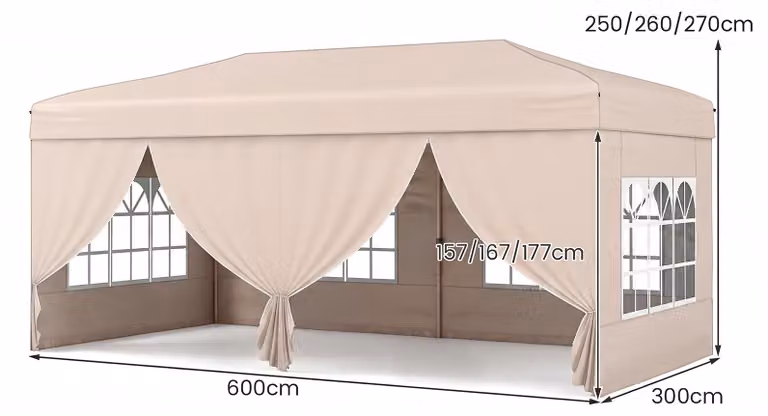 KOMFOTTEU, padiglione pop-up 3x6 metri, padiglione pieghevole con 6 pareti laterali e 6 sacchi di sabbia, gazebo da giardino regolabile in altezza, con borsa da trasporto su ruote, ideale per spiaggia, matrimoni e campeggio, colore beige