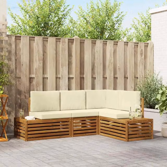 Set di divani da esterno-Sofa da giardino con cuscino 4 Pezzo Naturale e Crema 471194