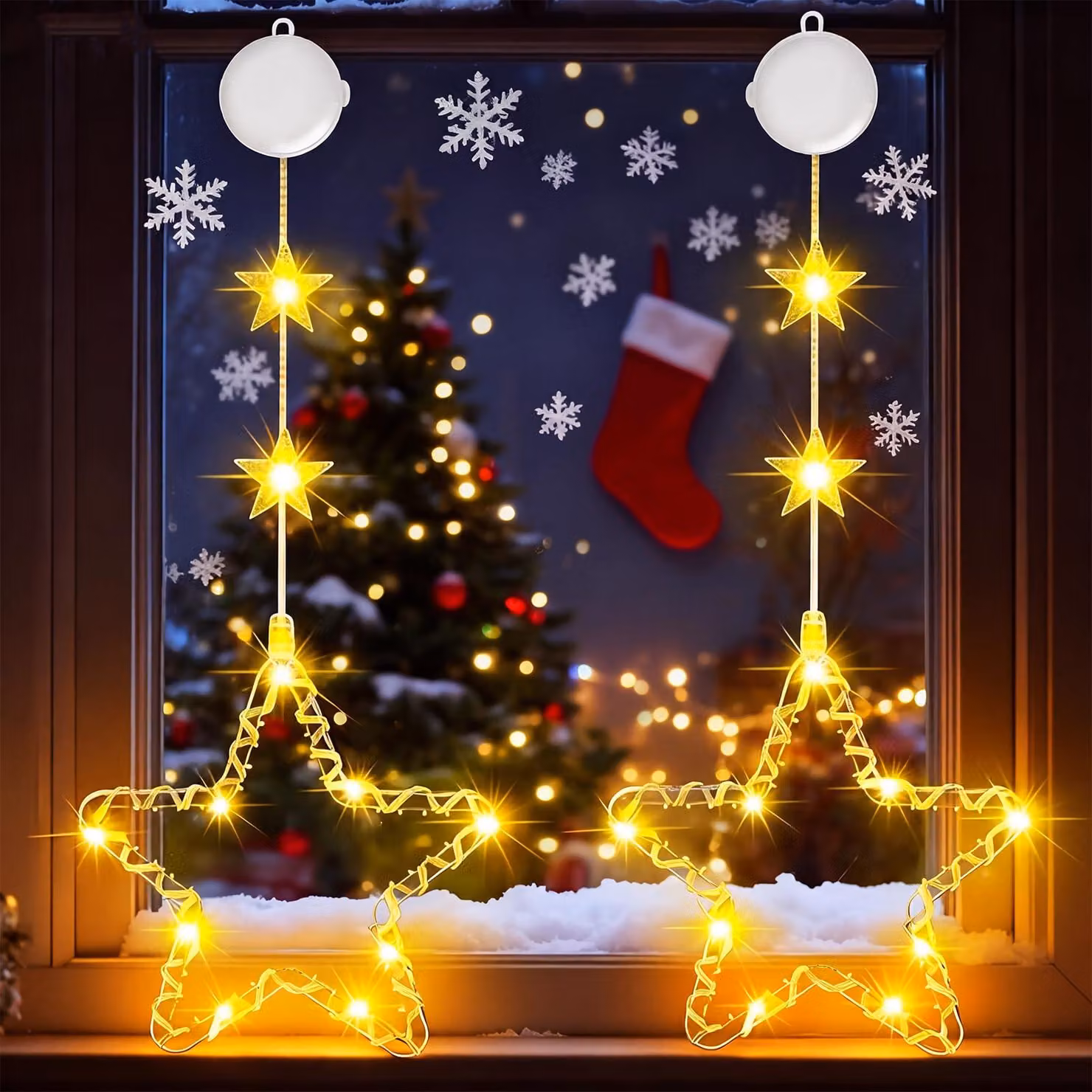 Catene luminose per finestre, Natale, luce bianco caldo, 2 pezzi, alimentate a batteria