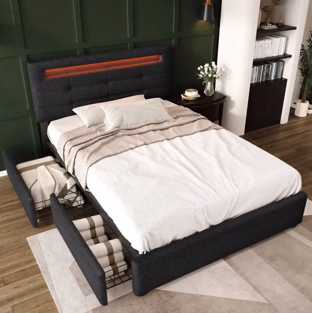Letto singolo imbottito Modenuit nero con illuminazione LED sottostante e 2 cassetti L/P/H: 90 x 200 x 136 cm – 1