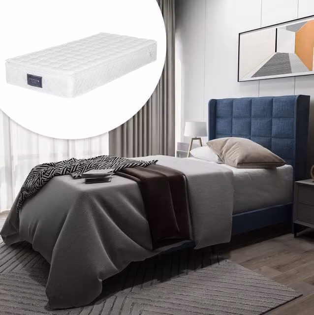 Letto imbottito singolo blu 90x200 cm con rete a doghe e materasso a molle insacchettate H3