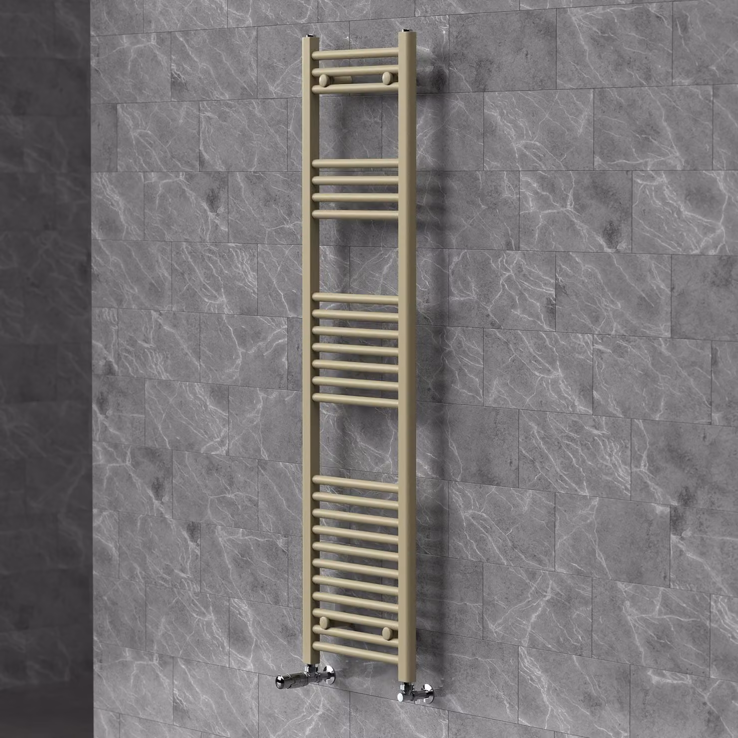 Riscaldamento asciugamani LuxeBath 400x1500 mm, radiatore da bagno con valvola termostatica, asciugamano Sahara a pannello piatto con attacco laterale, portasciugamani, color beige