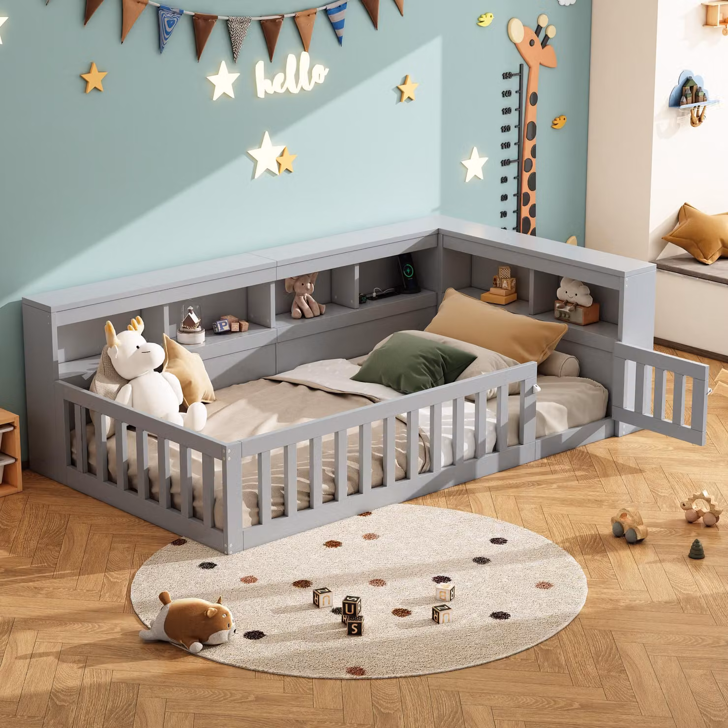 Merax daybed 90x200cm, daybed con contenitore e parapetto, divano letto con presa e USB, letto per bambini, letto per ragazzi, grigio