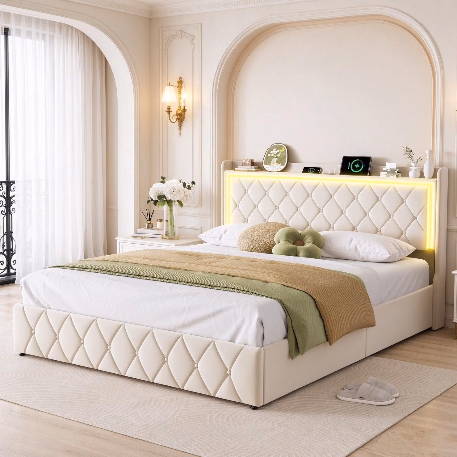 Letto imbottito INONEFT 140x190 cm con USB, struttura a molle con sistema di sollevamento idraulico, contenitore, letto matrimoniale con rete a doghe, rivestito in velluto, colore beige