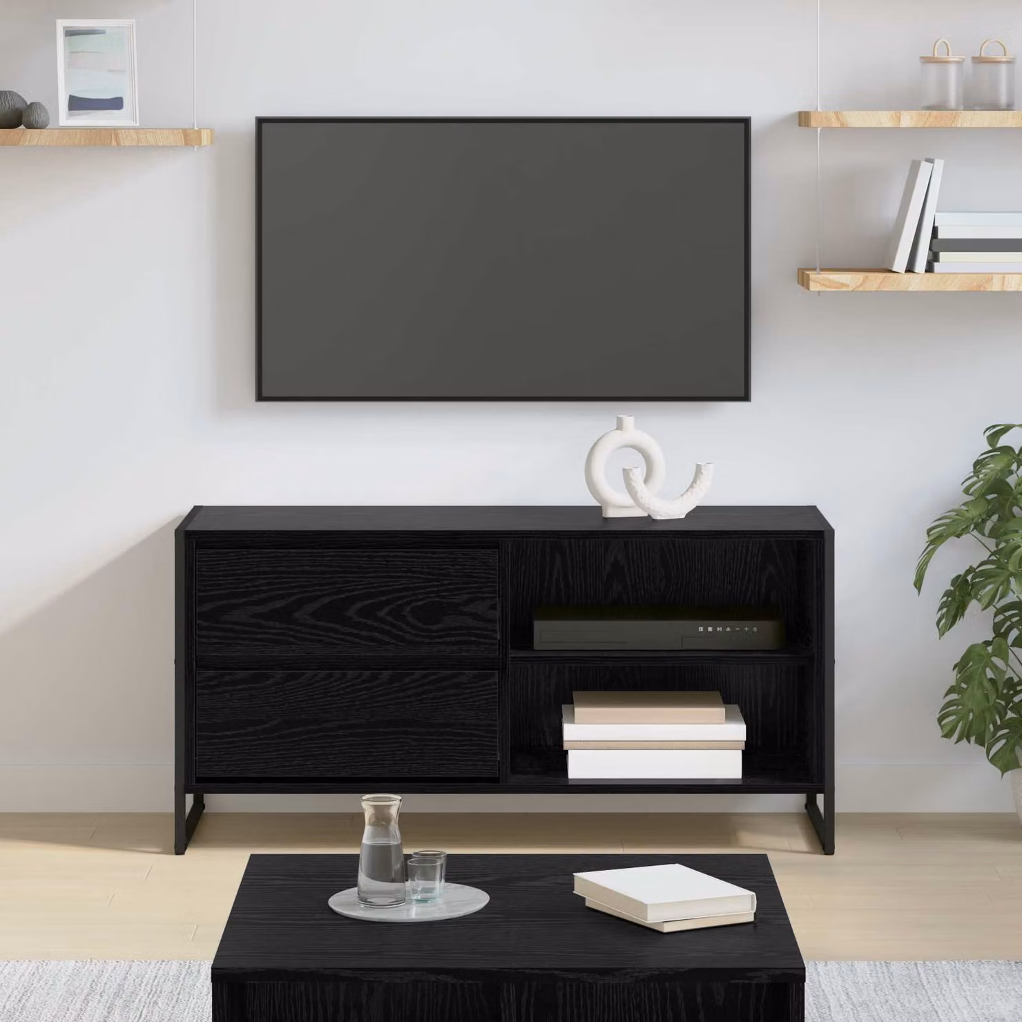 Mobile TV vidaXL in stile industriale, colore nero e rovere, con ruote, L 100 cm x P 36 cm x H 49,5 cm