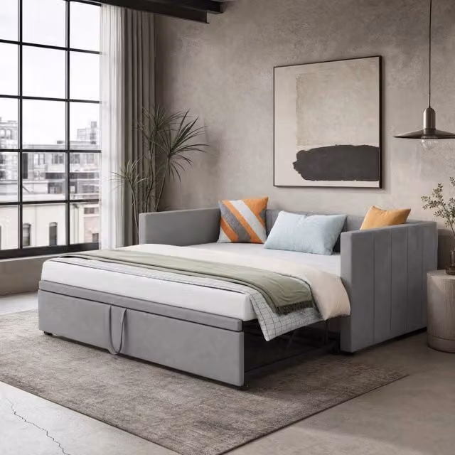 Letto con letto estraibile Mivray in velluto grigio, trasformabile da 90x200 cm a 180x200 cm