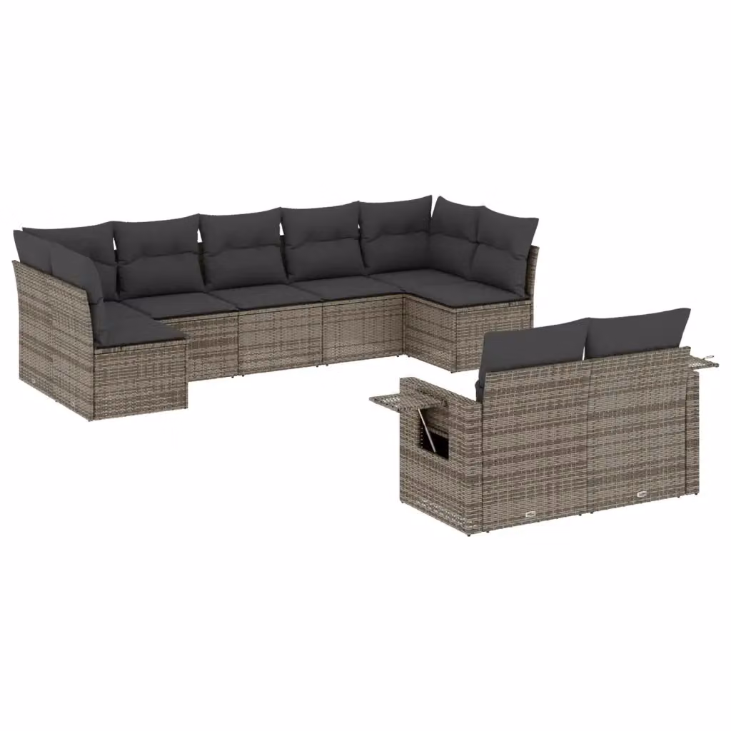 vidaXL Set Divano da Giardino a L 9 pz in Polyrattan Grigio con Cuscini e Tavolino – 2