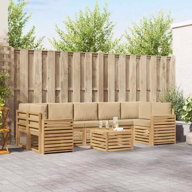 Set di divani da esterno a L vidaXL in legno di acacia con cuscini, bianco e beige – 1