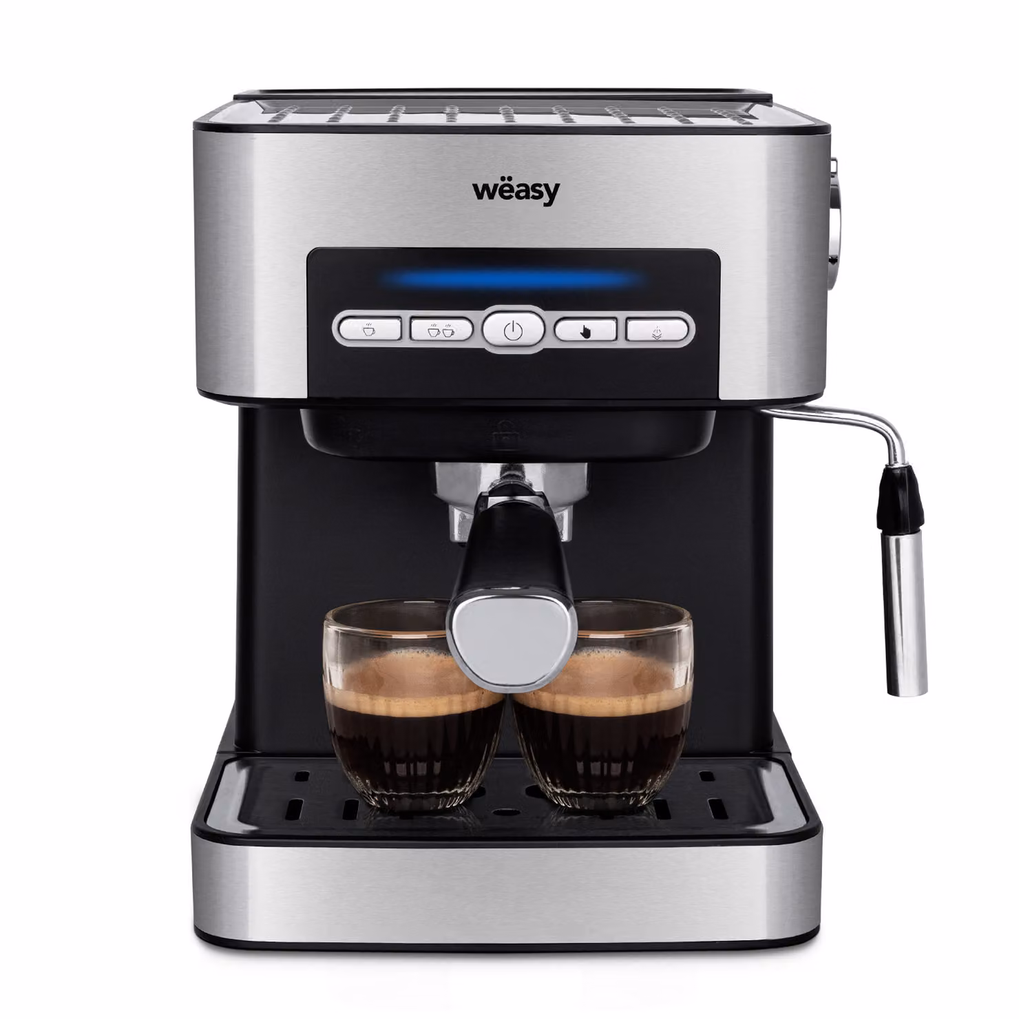 Macchina per caffè espresso Weasy in acciaio inossidabile color argento con funzione acqua calda, beccuccio vapore e scaldatazza, 850 W – 2