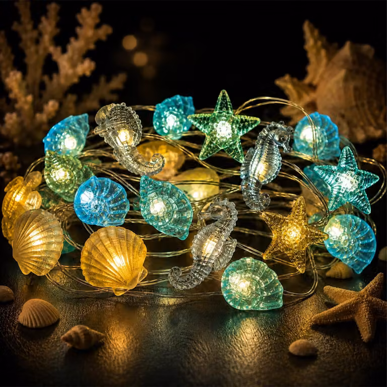 Catena luminosa a LED, lunghezza 3 metri, 30 lampadine, con motivi marittimi, colore giallo-verde