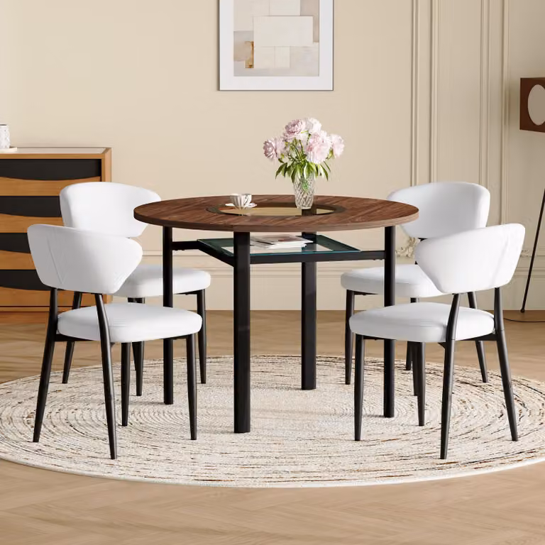 Set da tavolo rotondo STILVORA composto da 4 sedie bianche inPoliuretanocon schienale ricurvo; sedie da pranzo inPoliuretanocon diametro di 100 cm e finitura effetto legno, adatte a un tavolo da pranzo rotondo per sala da pranzo e cucina