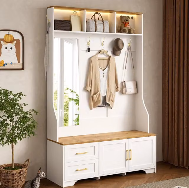 Armadio guardaroba 120x40x187 cm con LED; specchio e panca in MDF bianco e naturale