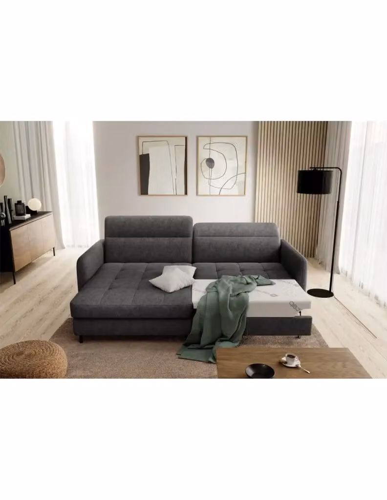 Divano ad angolo con funzione letto e poggiatesta regolabile collezione GOUMSI di MEUBLORAMA colore Grigio, L/P/H: 228 x 165 x 128 cm – 2