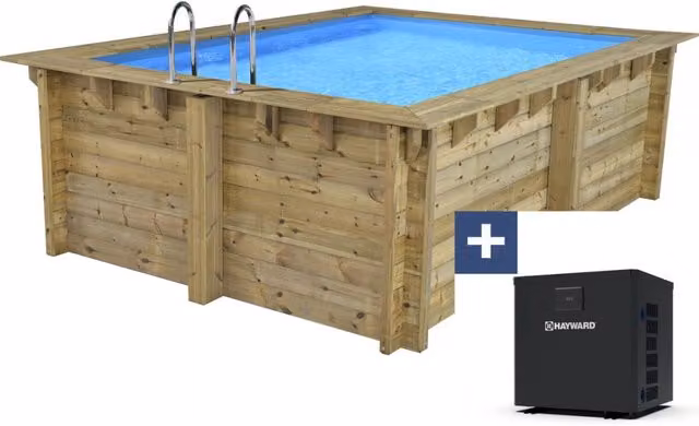 Piscina rettangolare in legno Habitat Et Jardin Caimans 140 grigia con mini pompa di calore da 3,5 kW, L: 4,10 m, P: 3,00 m, H: 1,39 m