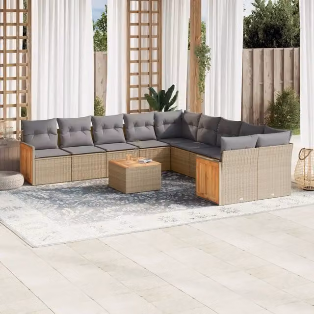 vidaXL Set di Divani da Giardino a L 11 pz in Polyrattan con Cuscini Beige e Grigio