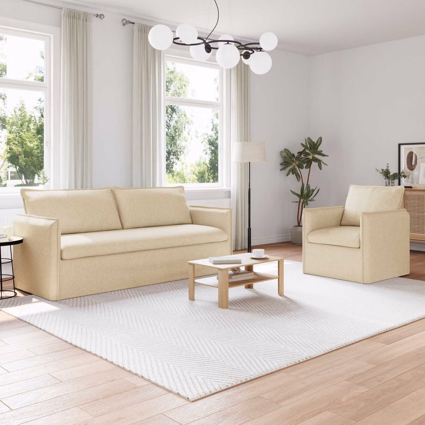 Set di 2 divani moderni vidaXL in tessuto beige con struttura in metallo e coperture rimovibili L: 196 cm, P: 82 cm, H: 85 cm