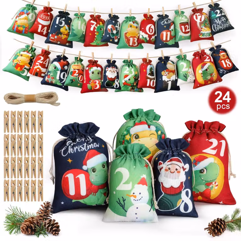 Calendario dell'Avvento da riempire, 24 sacchetti di juta, con motivi a tema dinosauri, disponibili in 2 dimensioni