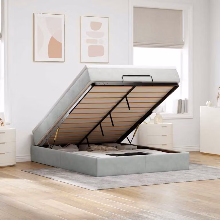 Struttura Letto con Materasso e Contenitore a Sollevamento vidaXL in Velluto, L/P/H: 140 x 200 x 23,5 cm, Grigio e Bianco