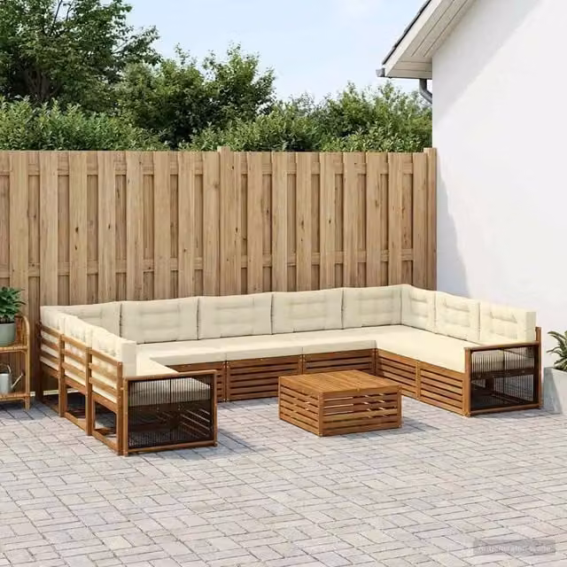 Set di divani da esterno vidaXL in legno di acacia con cuscini, colore beige e bianco, design moderno a forma di L per giardino e terrazza – 1