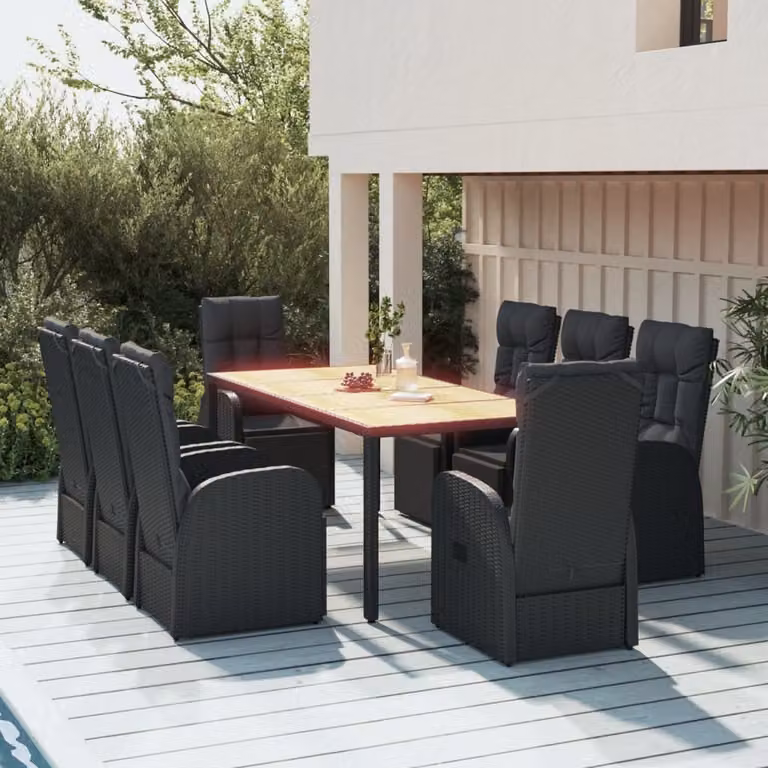 The Living Store Set da pranzo da giardino 9 pezzi in poly rattan nero e legno massiccio di acacia