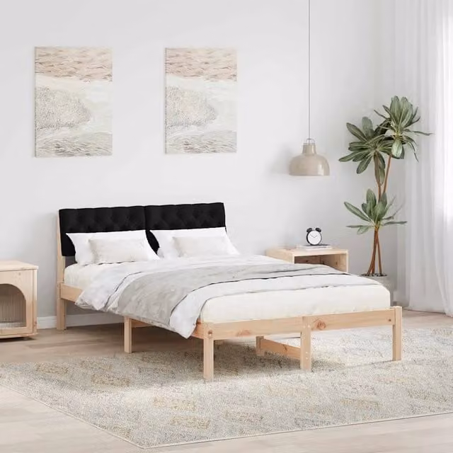 Struttura del letto moderna vidaXL in legno di pino con testiera in tessuto, marrone e nero, L/P/H: 120 x 200 x 87,5 cm