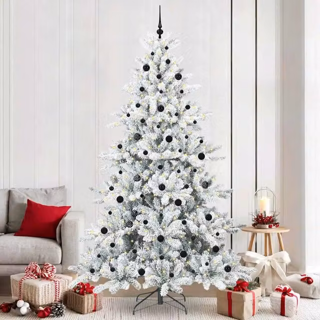 Albero di Natale Artificiale Moderno vidaXL Bianco con Luci LED Warm White e Rami Pieghevoli in PVC e Metallo, Altezza: 240 cm