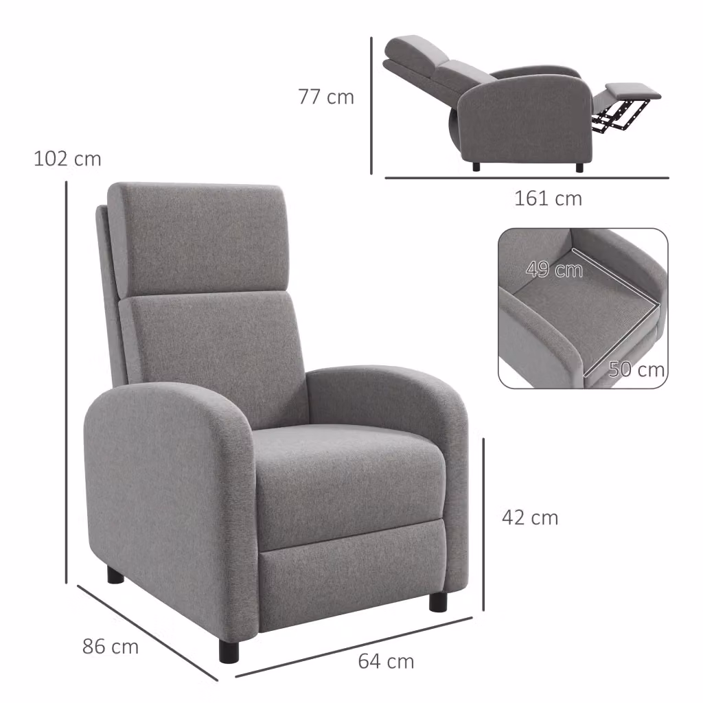 Poltrona Relax Recliner WISHDOR in tessuto grigio con poggiapiedi e braccioli, design moderno per soggiorno e ufficio – 2