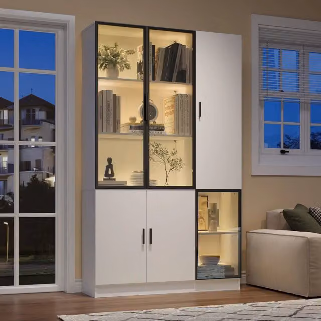 Libreria Vetrina con Luci LED ¨C MINIMAL ¨C Legno, Vetro, Alluminio, 200cm