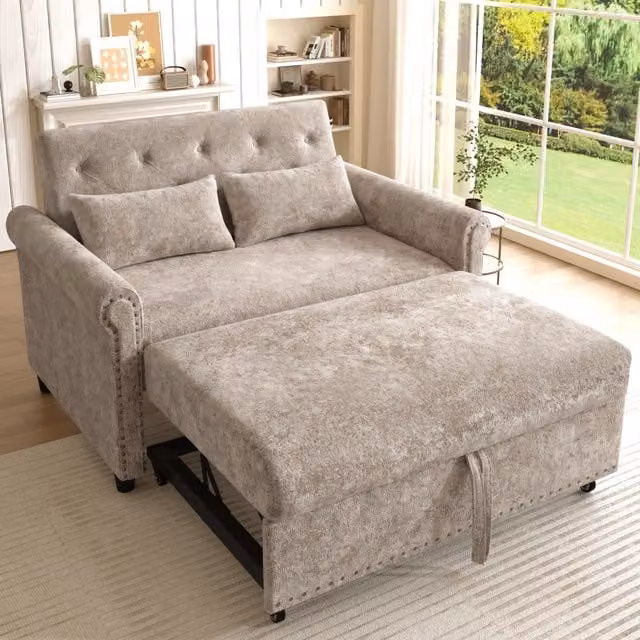 Divano letto 3 in 1 WISHDOR a 2 posti in tessuto chenille grigio marrone con schienale regolabile e struttura in legno massello
