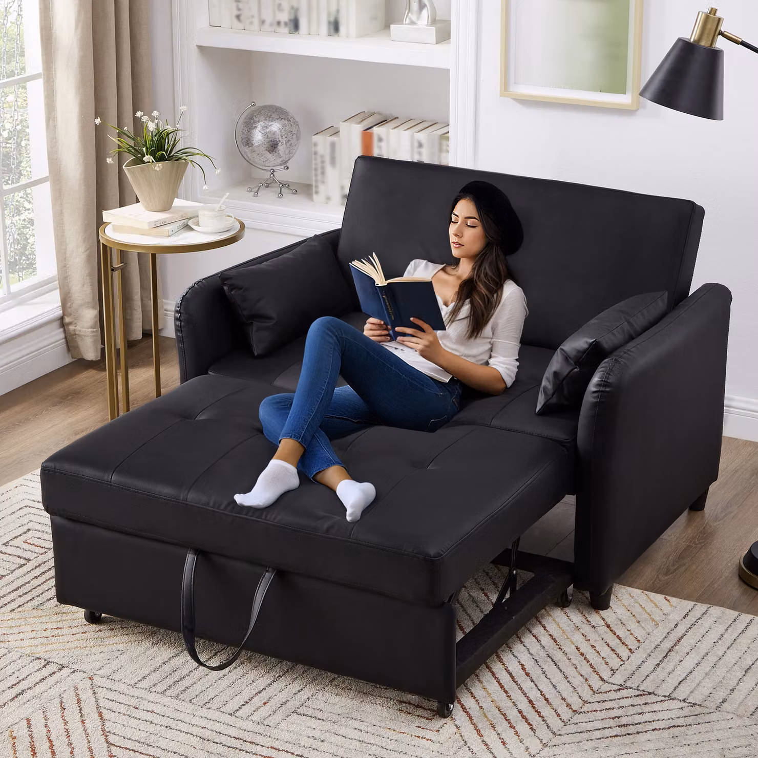 Letto pieghevole, divano, divano letto, divano a due posti pieghevole, materiale sintetico (PU), colore nero