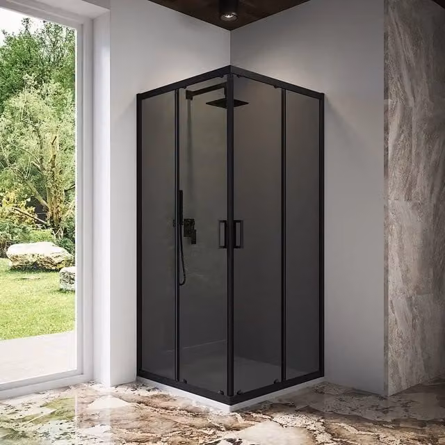 Box doccia 90x90 cm angolare scorrevole profili nero opaco vetro 6mm fumè h185 | Tonga