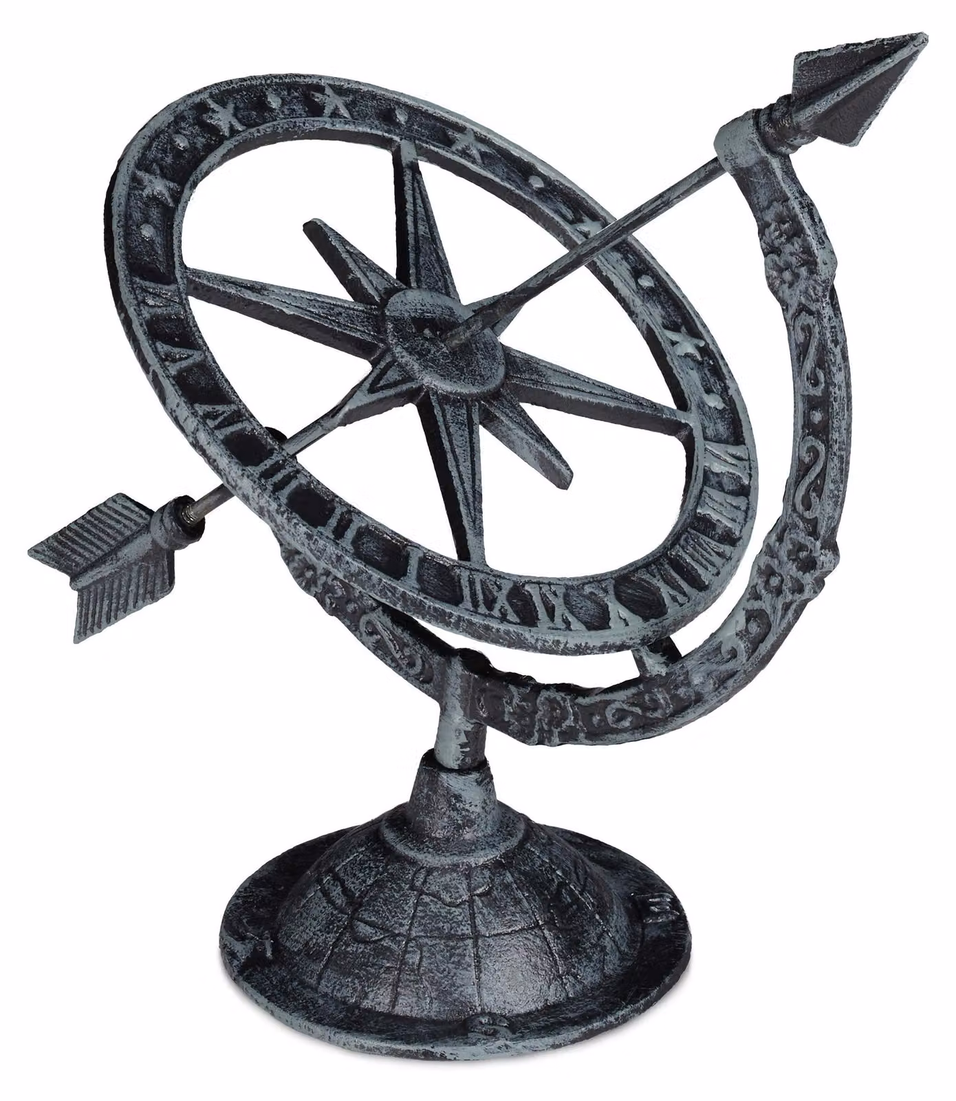Orologio solare in ghisa, antico, di colore grigio, dimensioni 27x26x18 cm