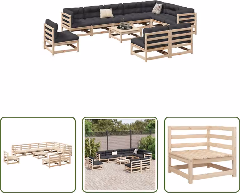 The Living Store Set di divani da giardino in pino massiccio da 11 pezzi