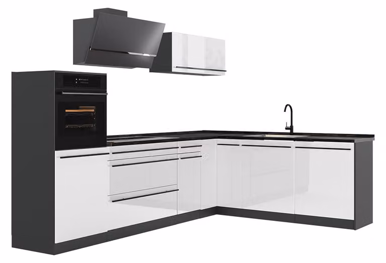 Cucina angolare completa Vicco R-Line Bianco lucido/Antracite 287 x cm senza piano di lavoro, Model 66764