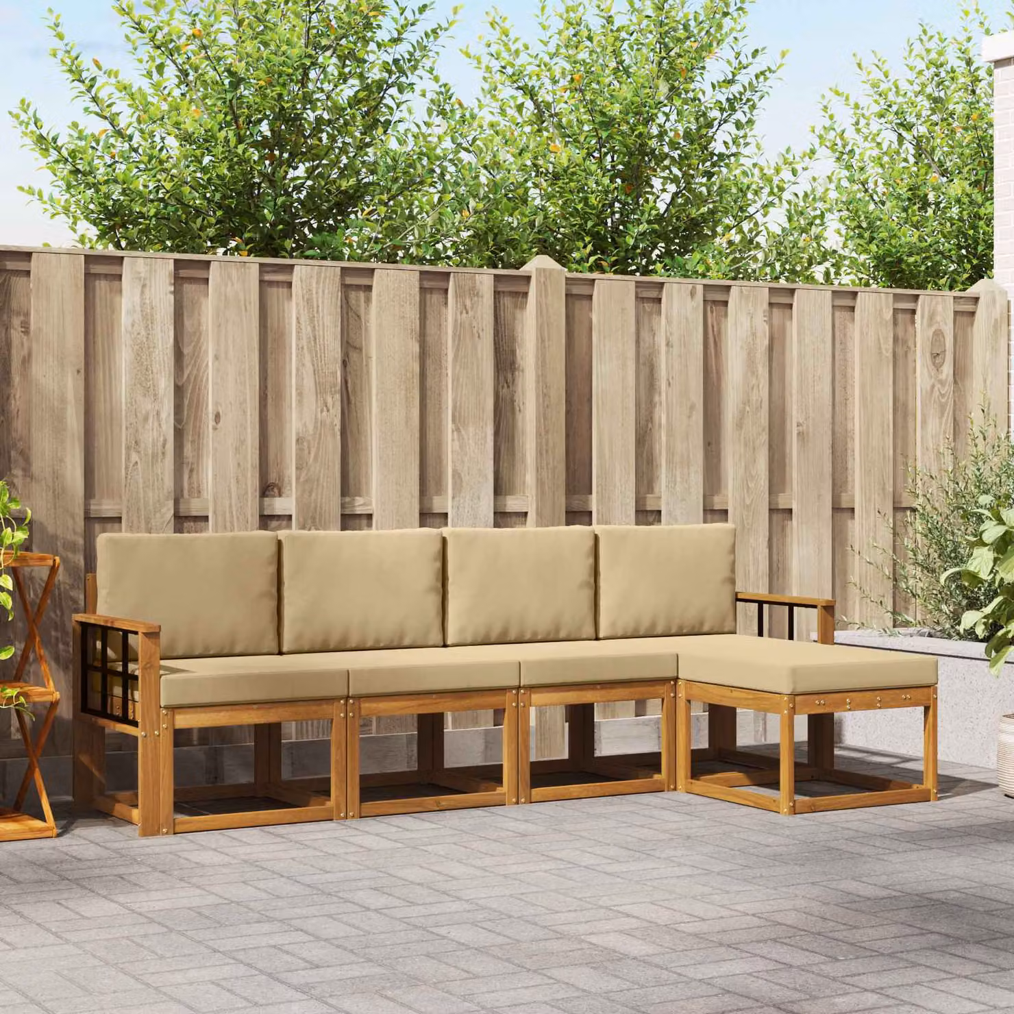 Set di divani da esterno vidaXL a forma di L in legno di acacia con pouf e cuscini, Beige e Marrone