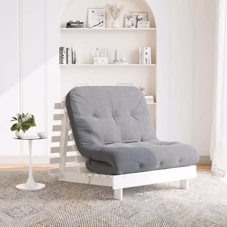 vidaXL Divano Letto Futuro in Legno di Pino con Materasso in Schiuma Bianco e Grigio L/P/H: 90 x 206 x 11 cm