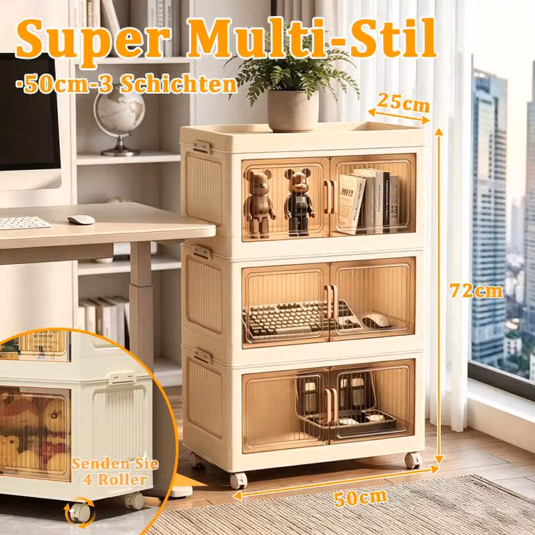 Armadio contenitore – Armadio mobile – 3 ripiani – 50 cm di larghezza – Plastica – Ante trasparenti – Impilabile – Con ruote