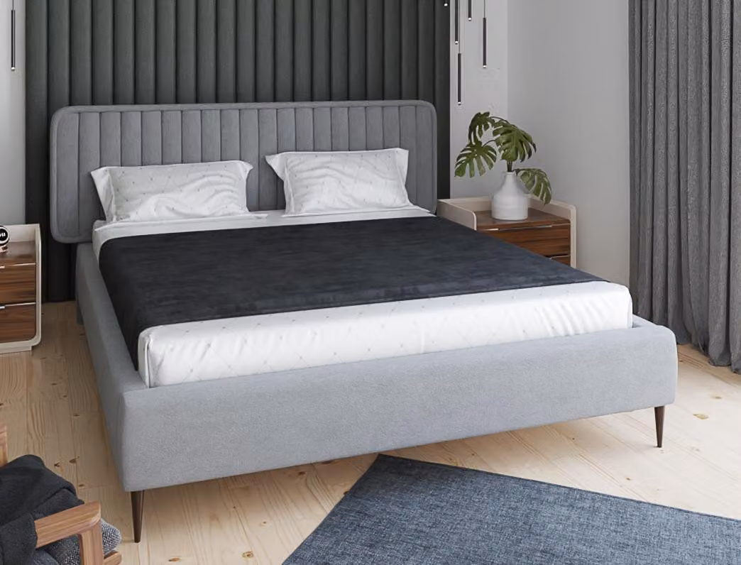 Bett Grau Doppelbett Schlafzimmer Holz Möbel Design Elegantes Polster Stoff