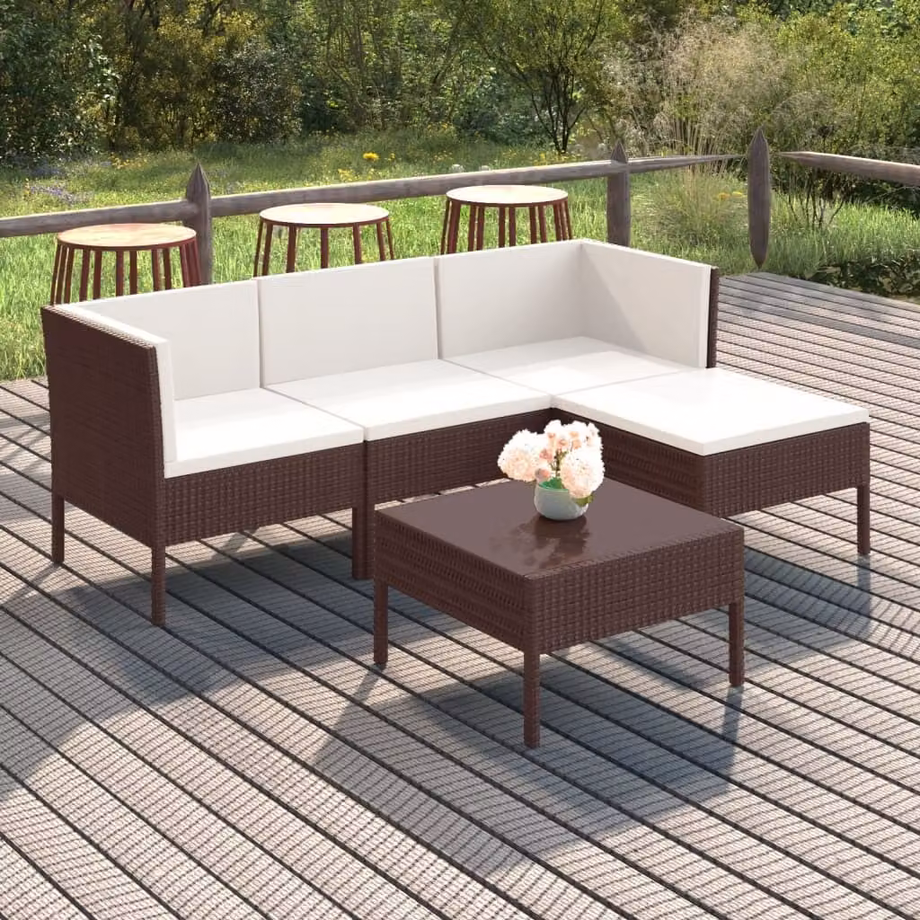 The Living Store Set da giardino 5 pezzi con cuscini in poly rattan marrone