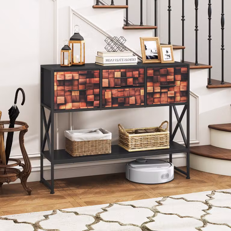 Tavolo consolle Costway in legno con motivo a mosaico geometrico e 4 cassetti in tessuto, colore Nero