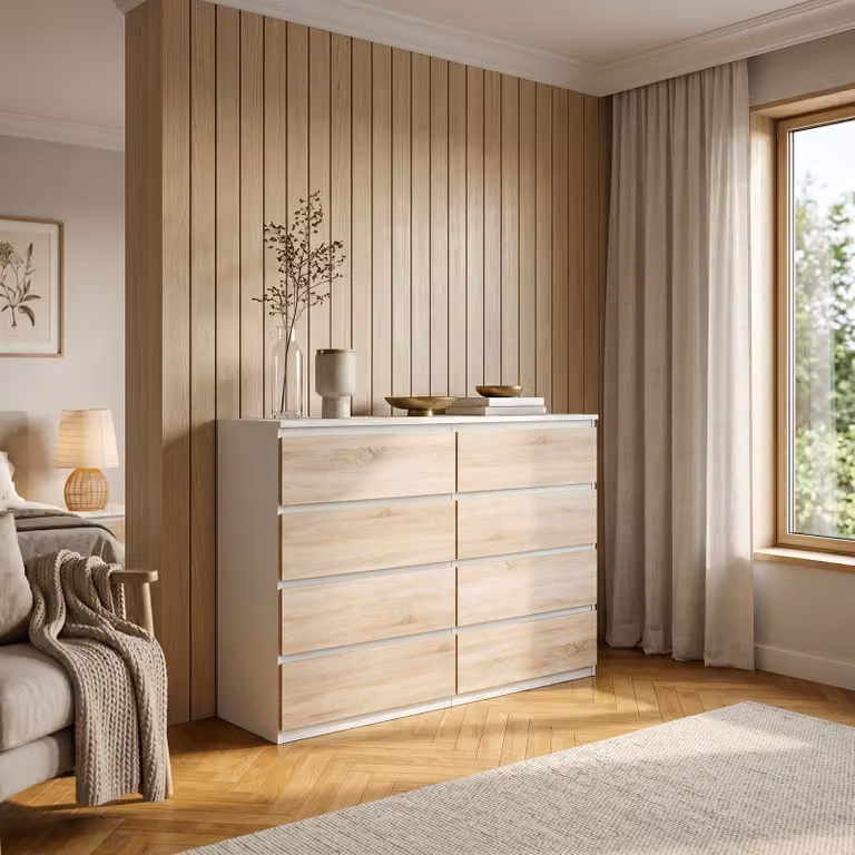 Comò Masseno NUDO da 138,5 cm con 8 cassetti e ante, per soggiorno e camera da letto, stile moderno, 138,5 x 39 x 101,5 cm, bianco / rovere Sonoma