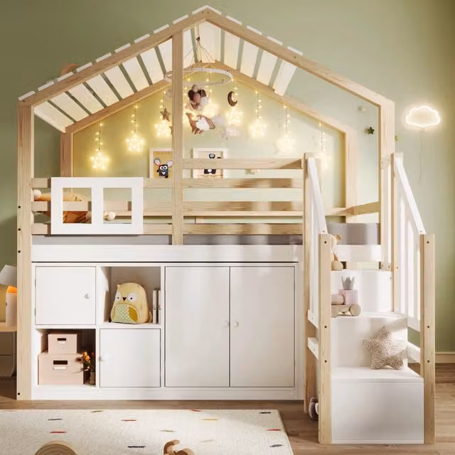 Letto a soppalco per bambini 90x200 a casetta con scala contenitore e armadietti; in pino; MDF e compensato; bianco e naturale