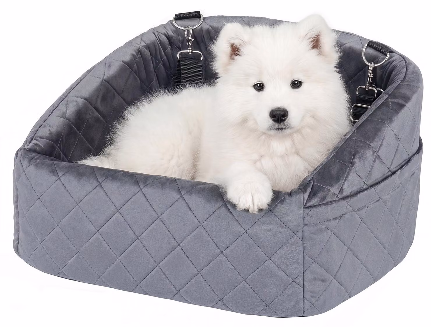 Seggiolino auto per cani KOMFOTTEU, con 2 cinture di sicurezza, fodera rimovibile e lavabile, cestino per cani fino a 15,9 kg, cuccia per cani, borsa per cani, adatta per auto e SUV (grigio)