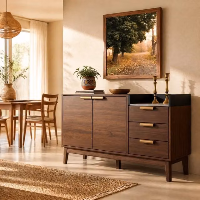 Credenza in legno e MDF con piano effetto marmo e finitura rovere, composta da 3 cassetti, vano aperto e mobile a doppia anta, L: 120 cm, P: 40 cm, H: 77 cm