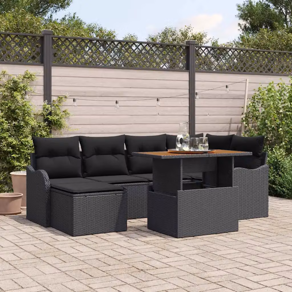 Set Divano da Giardino vidaXL 7 pz L-Shape Nero con Cuscini e Tavolino – 1