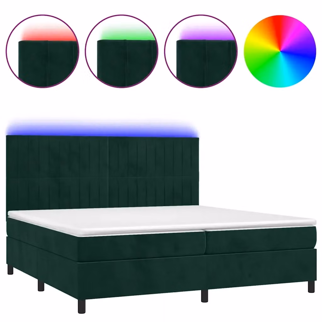 vidaXL Letto Ibrido con Materasso e LED Verde Scuro in Velluto L/P: 200 x 200 cm – 2