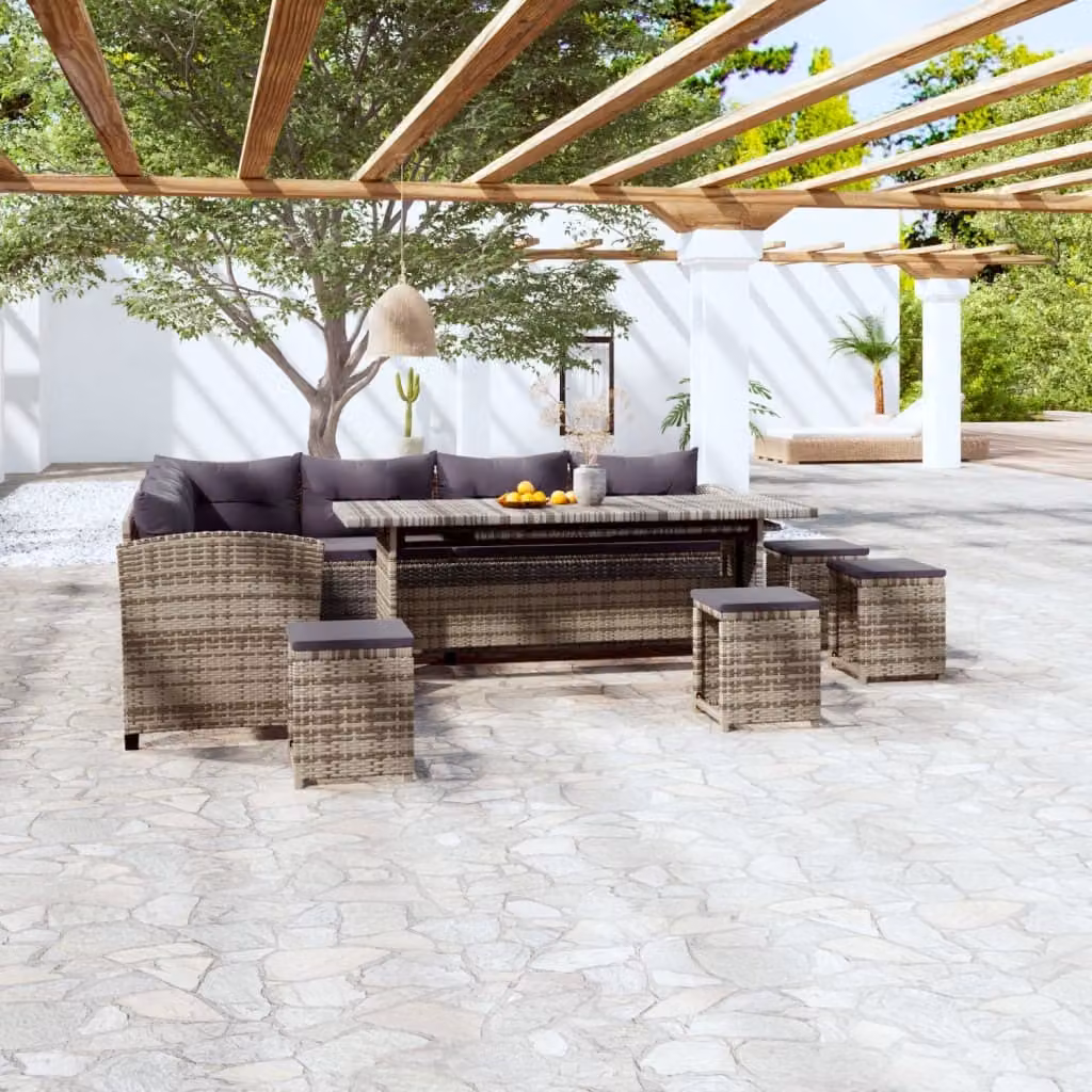 The Living Store Set da giardino da 6 pezzi con cuscini in poly rattan grigio