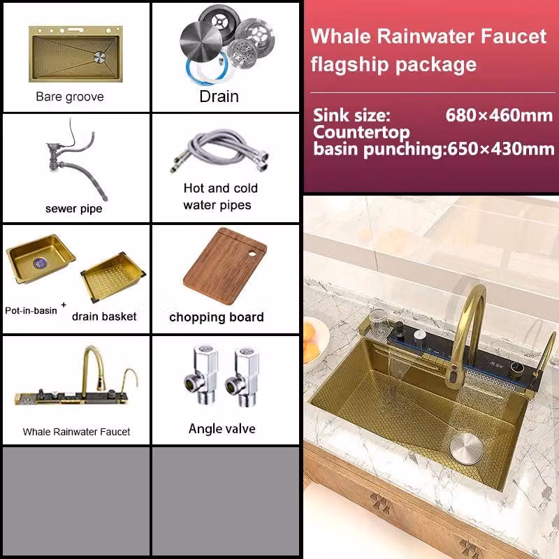 Lavello con rubinetto a cascata, display digitale e acciaio inossidabile